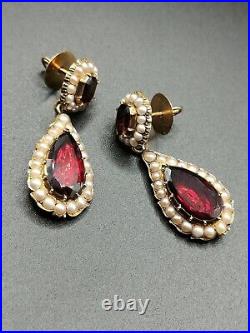 Rare Georgian Gold Foiled Garnet/Pearl Domed Back Earrings 18th Century Antique