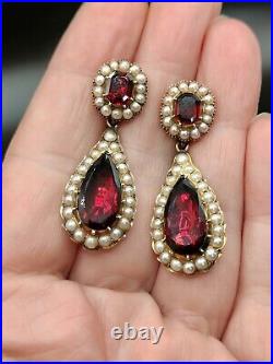 Rare Georgian Gold Foiled Garnet/Pearl Domed Back Earrings 18th Century Antique