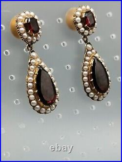 Rare Georgian Gold Foiled Garnet/Pearl Domed Back Earrings 18th Century Antique