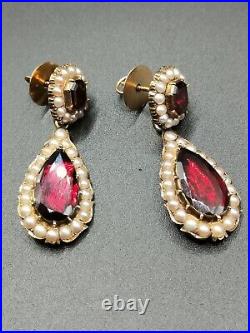 Rare Georgian Gold Foiled Garnet/Pearl Domed Back Earrings 18th Century Antique