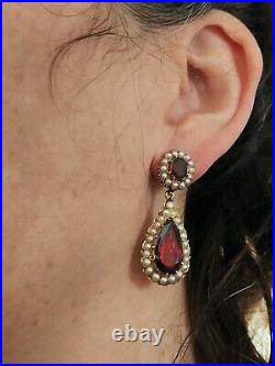 Rare Georgian Gold Foiled Garnet/Pearl Domed Back Earrings 18th Century Antique