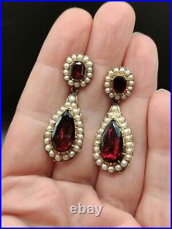 Rare Georgian Gold Foiled Garnet/Pearl Domed Back Earrings 18th Century Antique