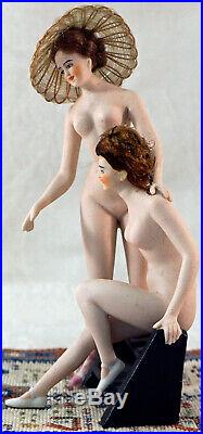 Rare German Bisque Double Figure Bathing Beauty Figurine by Galluba & Hoffman