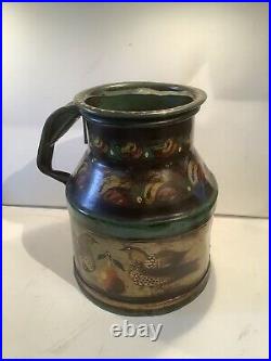 Rare Large Beautiful Peter Ompir Antique Tole Pot / Milk Can Birds & Pears