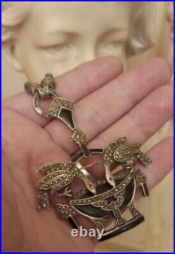 Rare Large Italian Antique Art Deco Swan Sterling Silver Marcasite Necklace