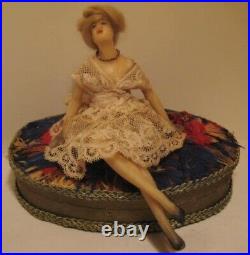 Rare Old Austria Wax Pretty Lady Doll Beauty on Feather Bed Candy Container Box