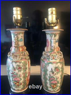Rare Pair Set Of Beautiful Antique Chinese Porcelain Rose Medallion Lamps
