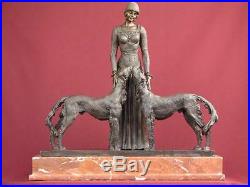 Rare Signed Bronze Statue Art Deco Dogs Sculpture On Beautiful Marble Base
