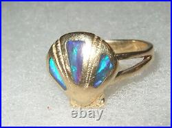Rare Stunning 14K Yellow Gold Opal Clam Shell Nautical Ring R & G 6 3/4 4.2 G