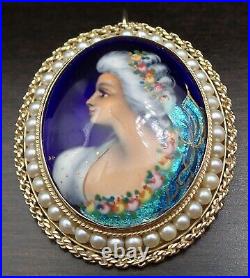 Rare Stunning Antique 14K Gold, Pearl & LIMOGES France Porcelain Portrait Brooch