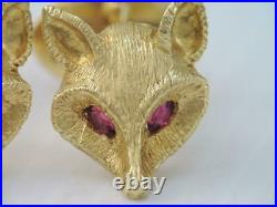 Rare Vintage Designer Fox Hunting Solid 18k Gold & Ruby Fox Head Cufflinks