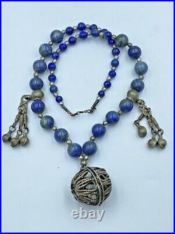 Rare Yemen Lapis stone And Silver Antique Necklace very Beautiful 18 Inch