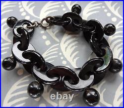 Rare antique Victorian WHITBY JET carved bead charm chain bracelet -R170