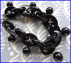 Rare antique Victorian WHITBY JET carved bead charm chain bracelet -R170