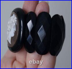 Rare beautiful shell cameo Whitby jet Victorian antique vintage stretch bracelet