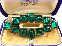 Superb Antique Green Flawed Emerald Cabochons Cushion Art Deco Brooch Gorgs Rare