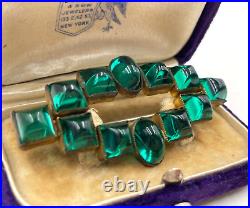 Superb Antique Green Flawed Emerald Cabochons Cushion Art Deco Brooch Gorgs Rare