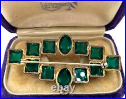 Superb Antique Green Flawed Emerald Cabochons Cushion Art Deco Brooch Gorgs Rare