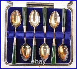 Superb Beautiful Rare Set Of Silver & Jade Pendant Shape Topped Teaspoon Spoon