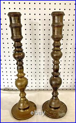 TWO 2 RARE Antique Scrolled Brass Candlesticks Heavy Beautiful 18 tall Uncleaned