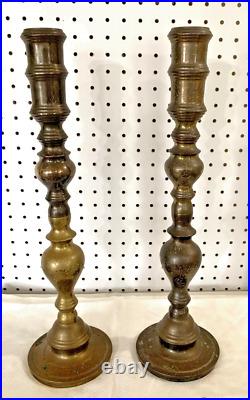 TWO 2 RARE Antique Scrolled Brass Candlesticks Heavy Beautiful 18 tall Uncleaned