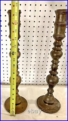 TWO 2 RARE Antique Scrolled Brass Candlesticks Heavy Beautiful 18 tall Uncleaned