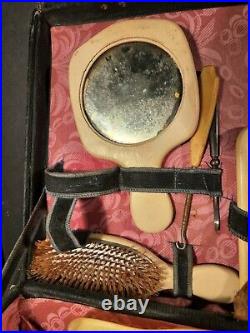Travel Case Travel Beauty Cosmatic Box Brush Mirror Set Rare Vintage Antique
