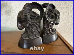 Two Beautiful Rare Antique Cast Bronze Rams Head Sculpture Bookends