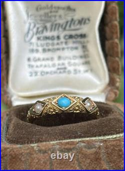 V Rare Antique London 1872 Solid 18ct Gold Turquoise & Pearl Set Chased Ring O