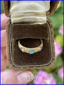 V Rare Antique London 1872 Solid 18ct Gold Turquoise & Pearl Set Chased Ring O