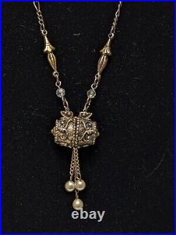 Very Rare Antique Gold Tone Ornate Hinged Barrel W Pearls 17 Pendant Necklace