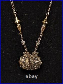 Very Rare Antique Gold Tone Ornate Hinged Barrel W Pearls 17 Pendant Necklace