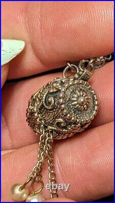 Very Rare Antique Gold Tone Ornate Hinged Barrel W Pearls 17 Pendant Necklace