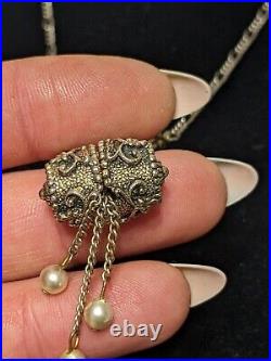 Very Rare Antique Gold Tone Ornate Hinged Barrel W Pearls 17 Pendant Necklace