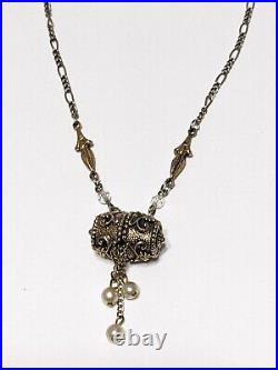 Very Rare Antique Gold Tone Ornate Hinged Barrel W Pearls 17 Pendant Necklace