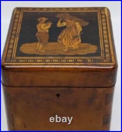 Victorian Antique Wooden Tea Caddy Box Beautiful Picture On Top NO KEY Rare UK