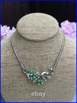 Vintage Crown Trifari Signed Star Flower Rare Green Rhinestone Floral Necklace