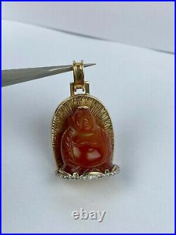 Vintage Rare 14k Solid Gold Diamond natural Carnelian Carved Buddha Pendant